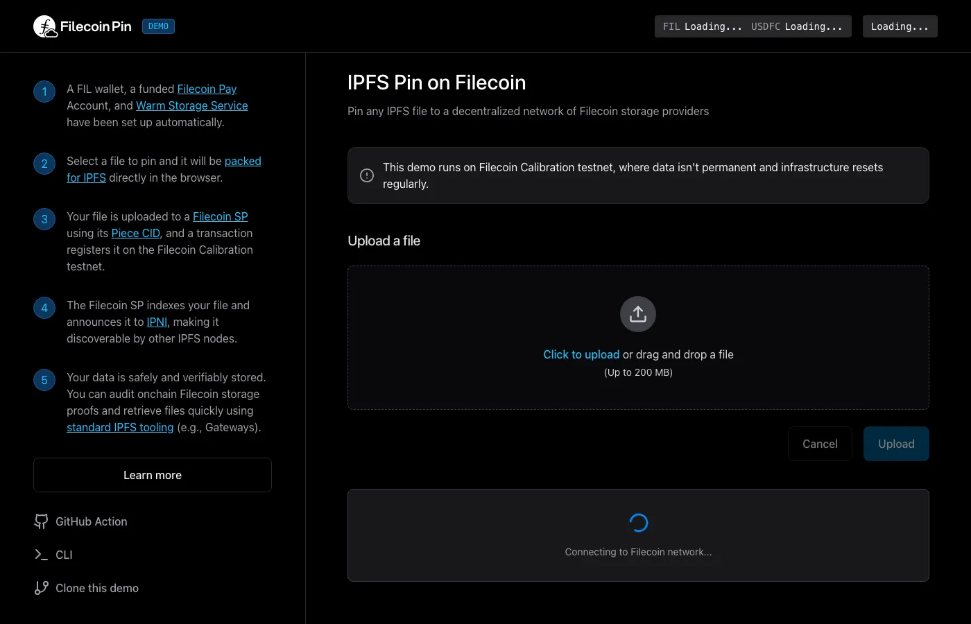 Screenshot of the Filecoin Pin demo